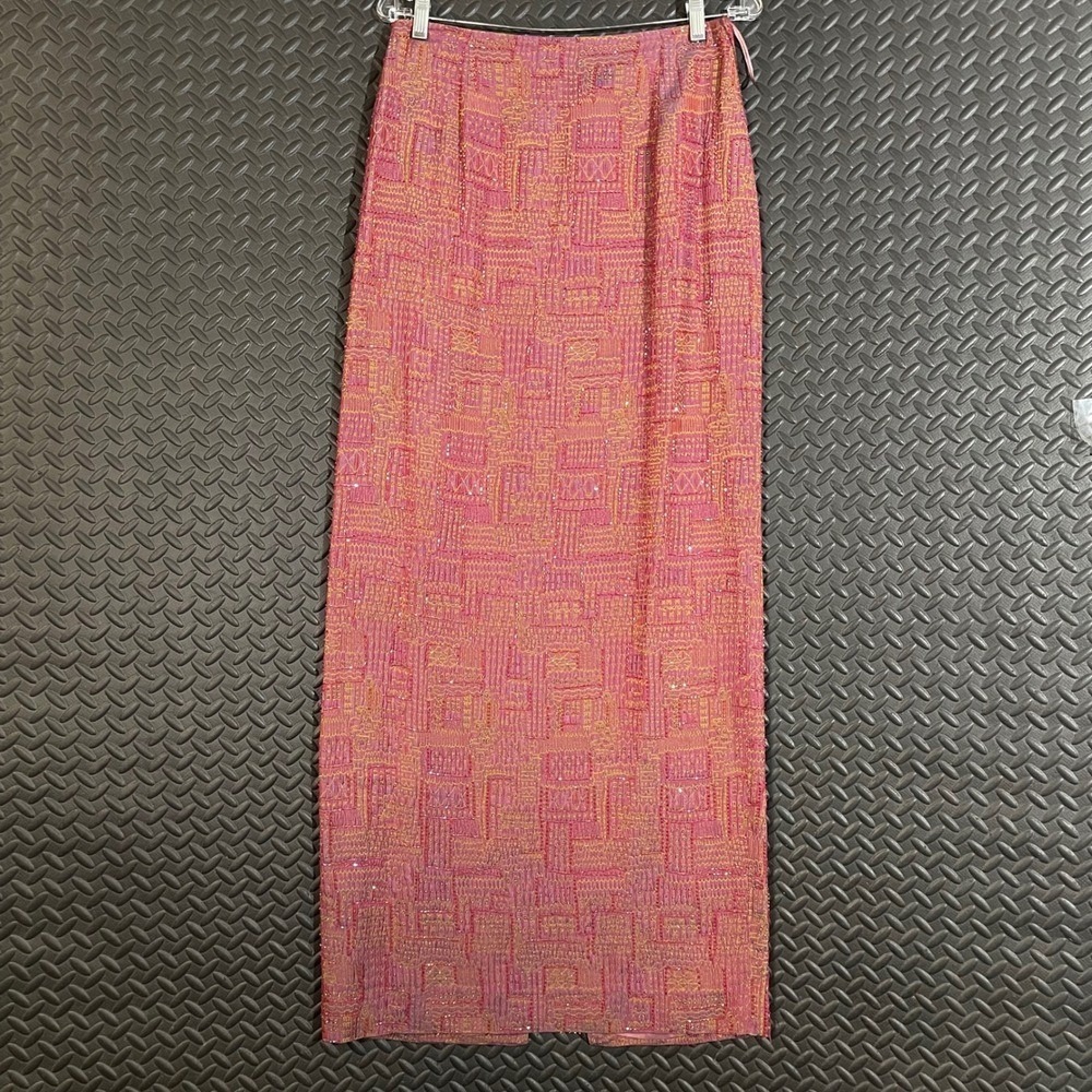 Carmen Marc Valvo Pink Beaded Maxi Skirt Geometric Embroidered Silk Blend Sz 10‎